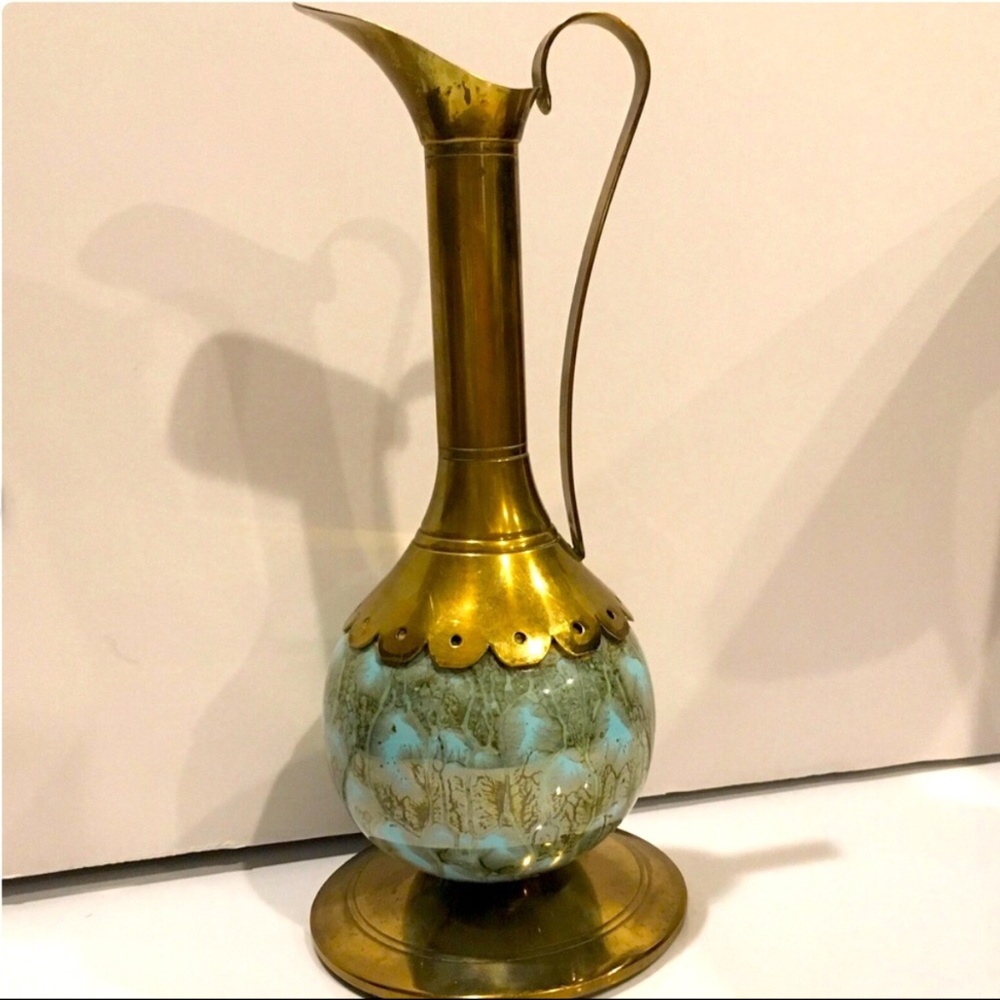 Delft Holland Brass Ewer with Blue/Green Marbled Base~RARE FIND